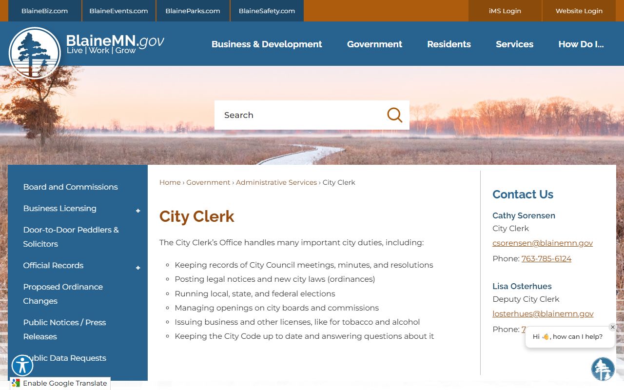 Blaine city clerk phone directory page