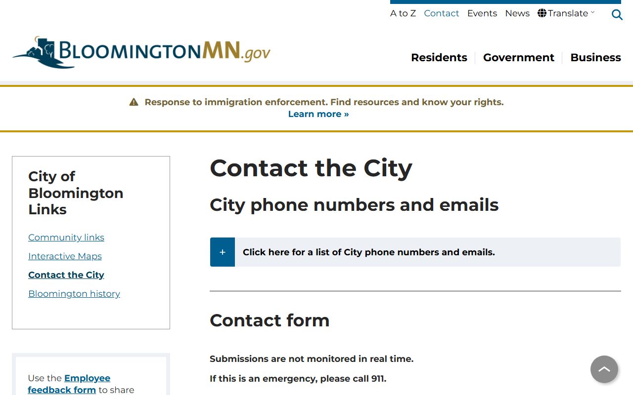 Bloomington city phone directory contact page