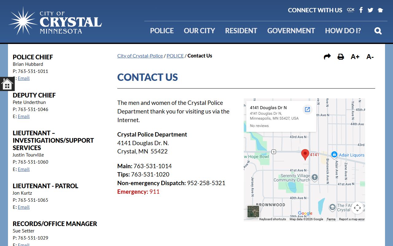 Crystal Police Department contact phone directory page