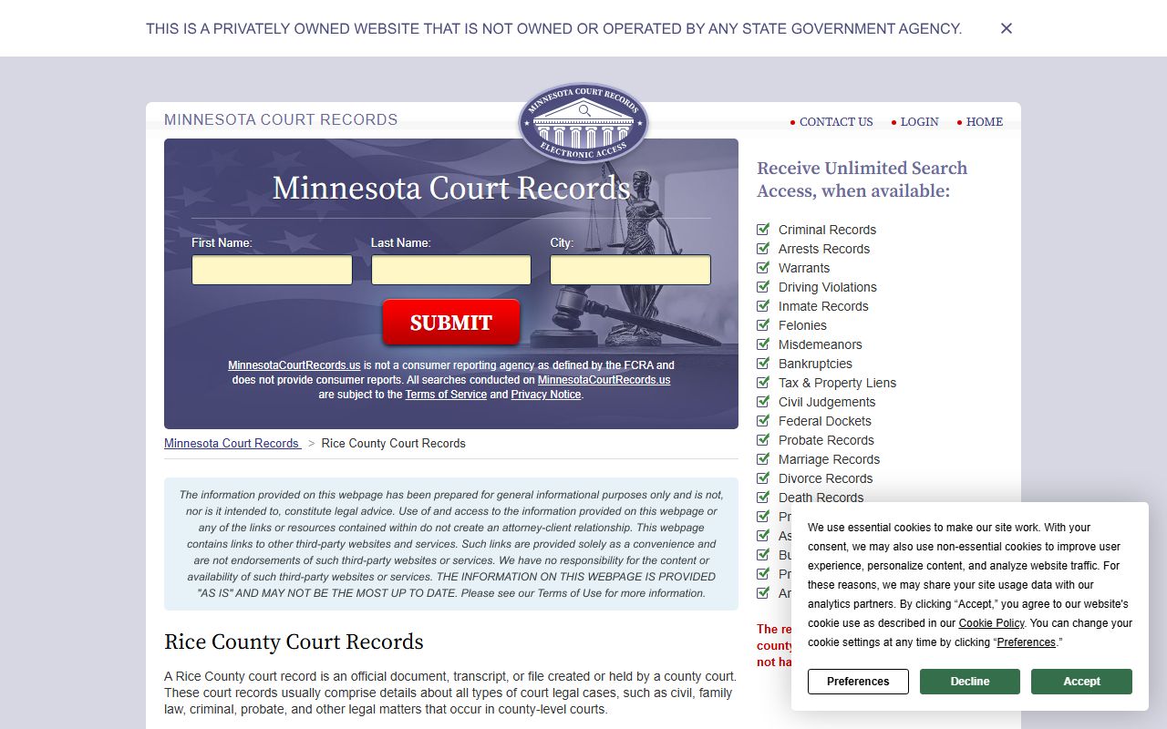 Faribault phone directory Rice County court records page