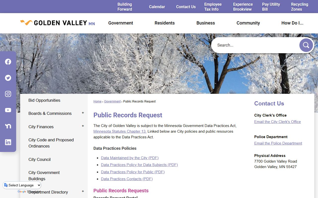 Golden Valley phone directory public records request page