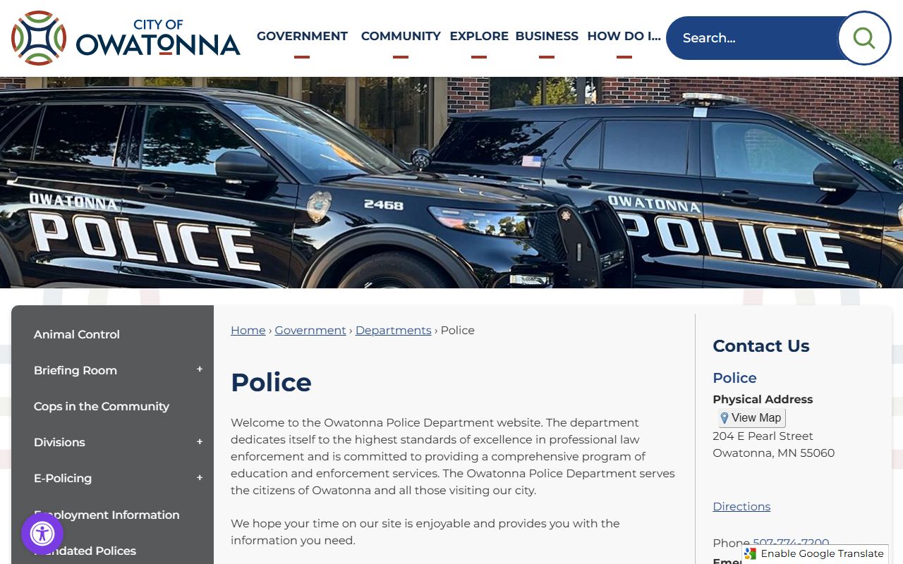 Owatonna Police Department phone directory page
