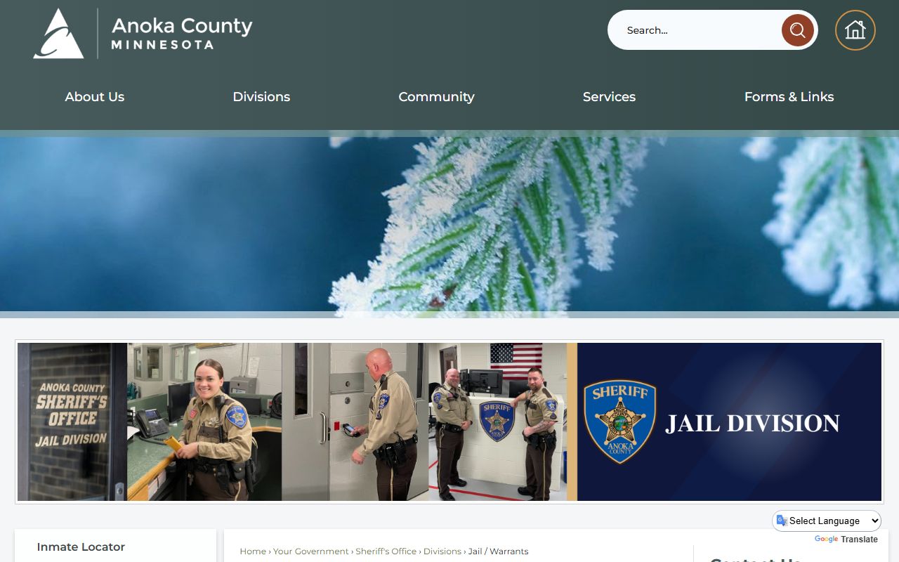 Anoka County jail and warrants phone directory page