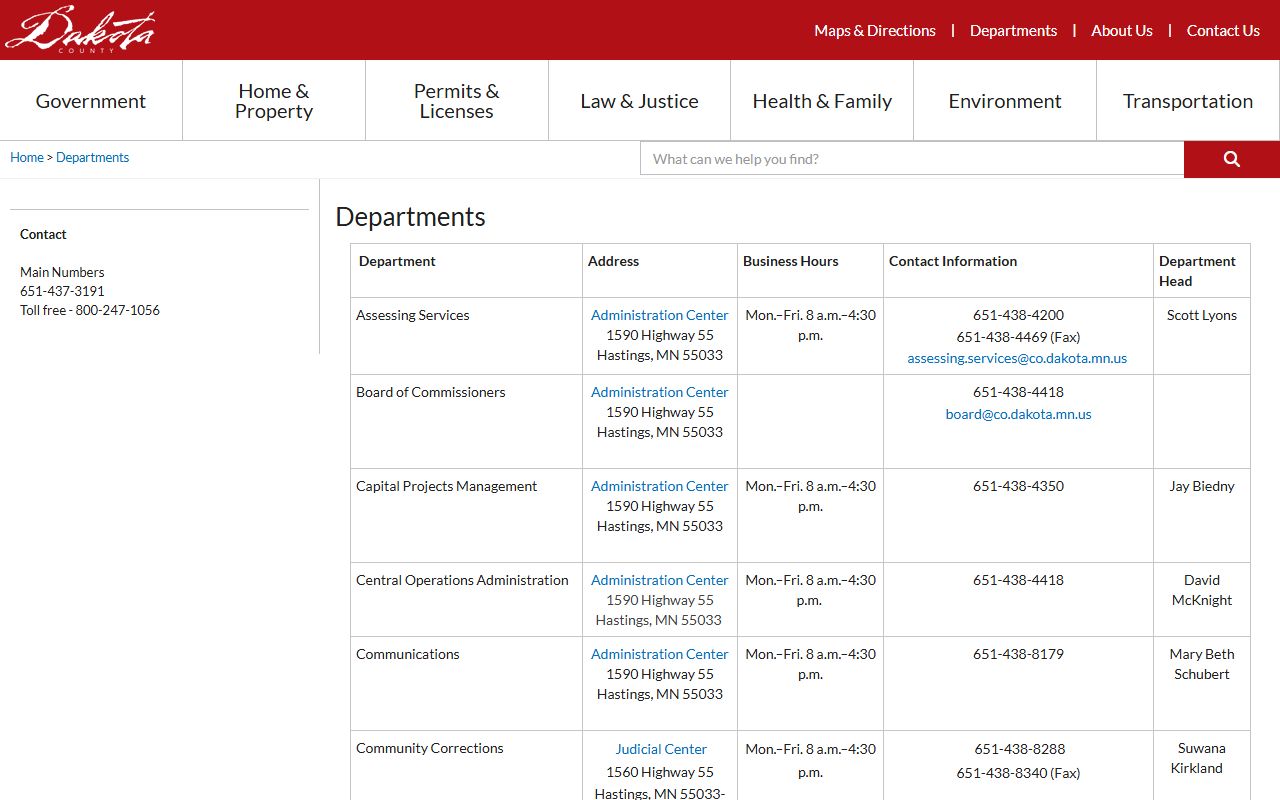 Dakota County departments directory phone numbers