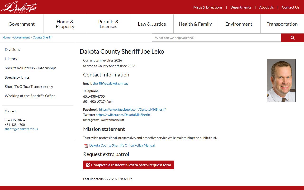 Dakota County Sheriff Office phone directory page