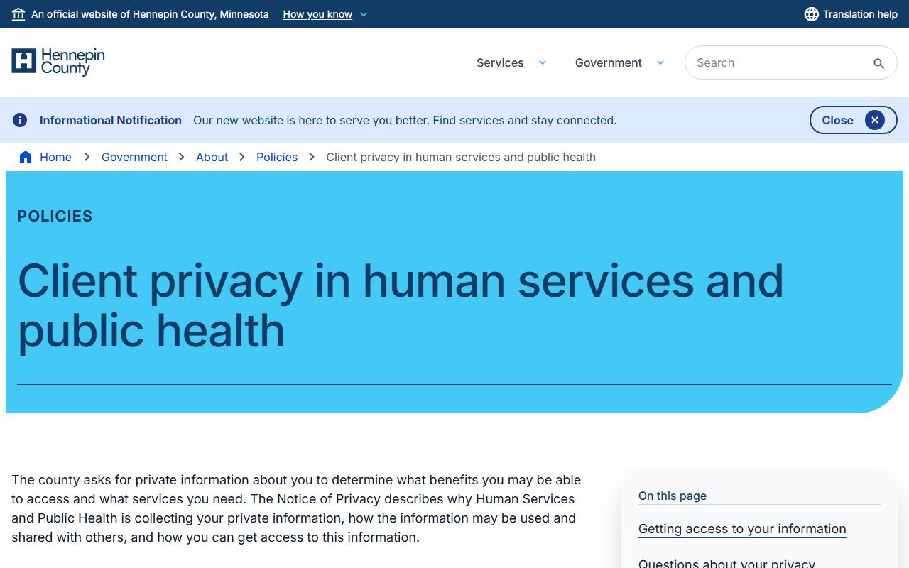 Hennepin County Human Services phone directory client privacy page