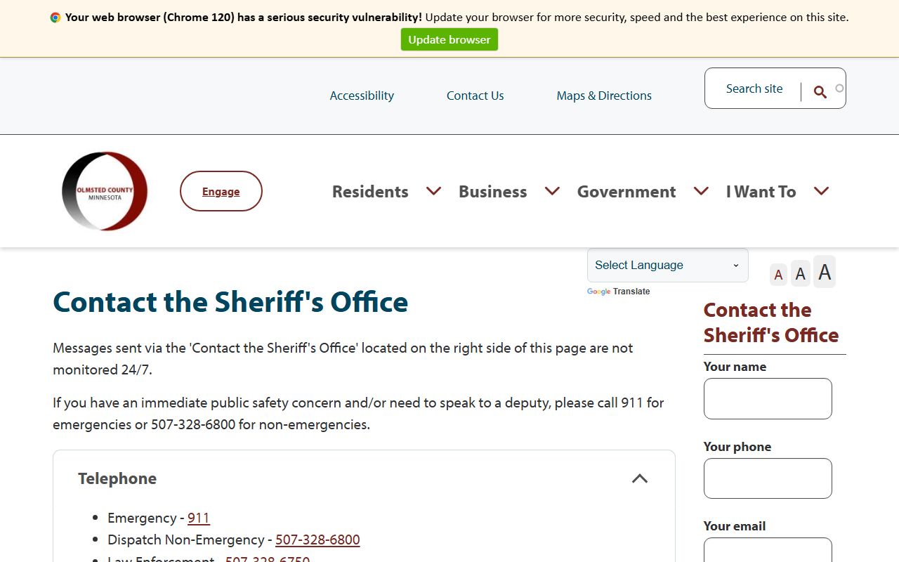 Olmsted County Sheriff office phone directory contact page