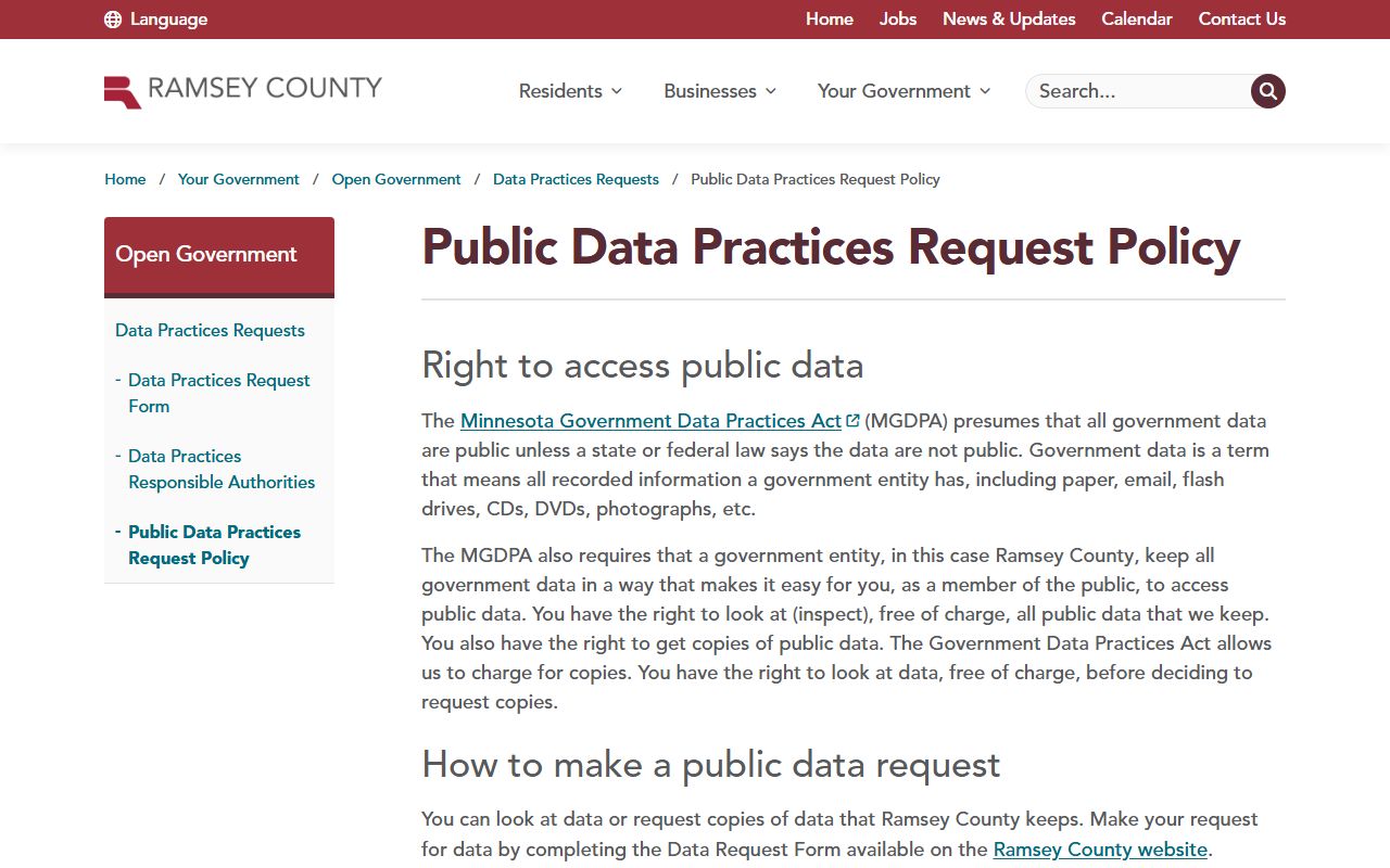 Ramsey County phone directory data practices request policy page