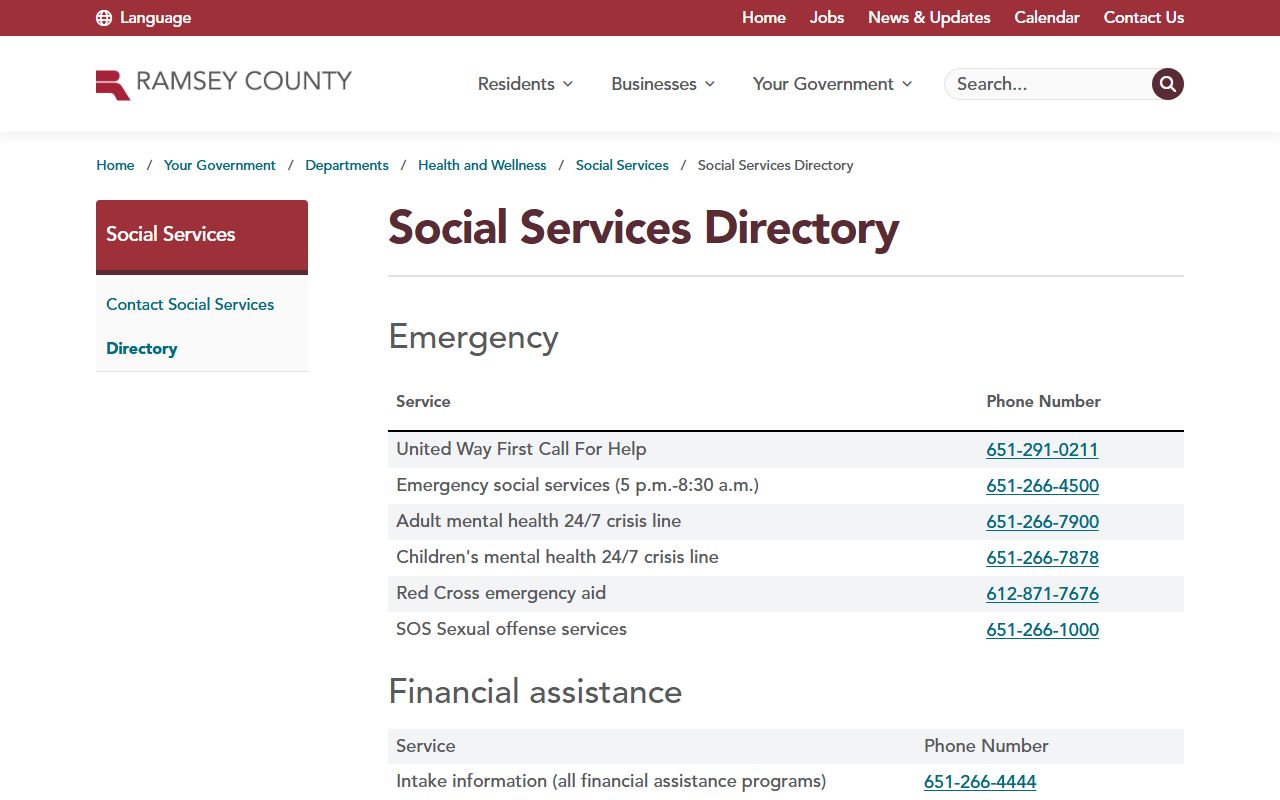 Ramsey County social services phone directory page