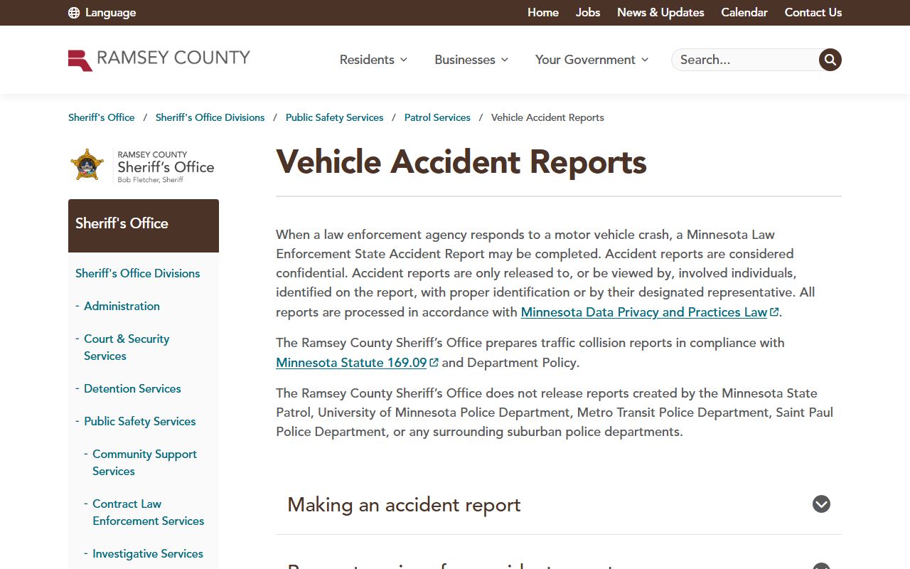 Ramsey County vehicle accident reports phone directory page
