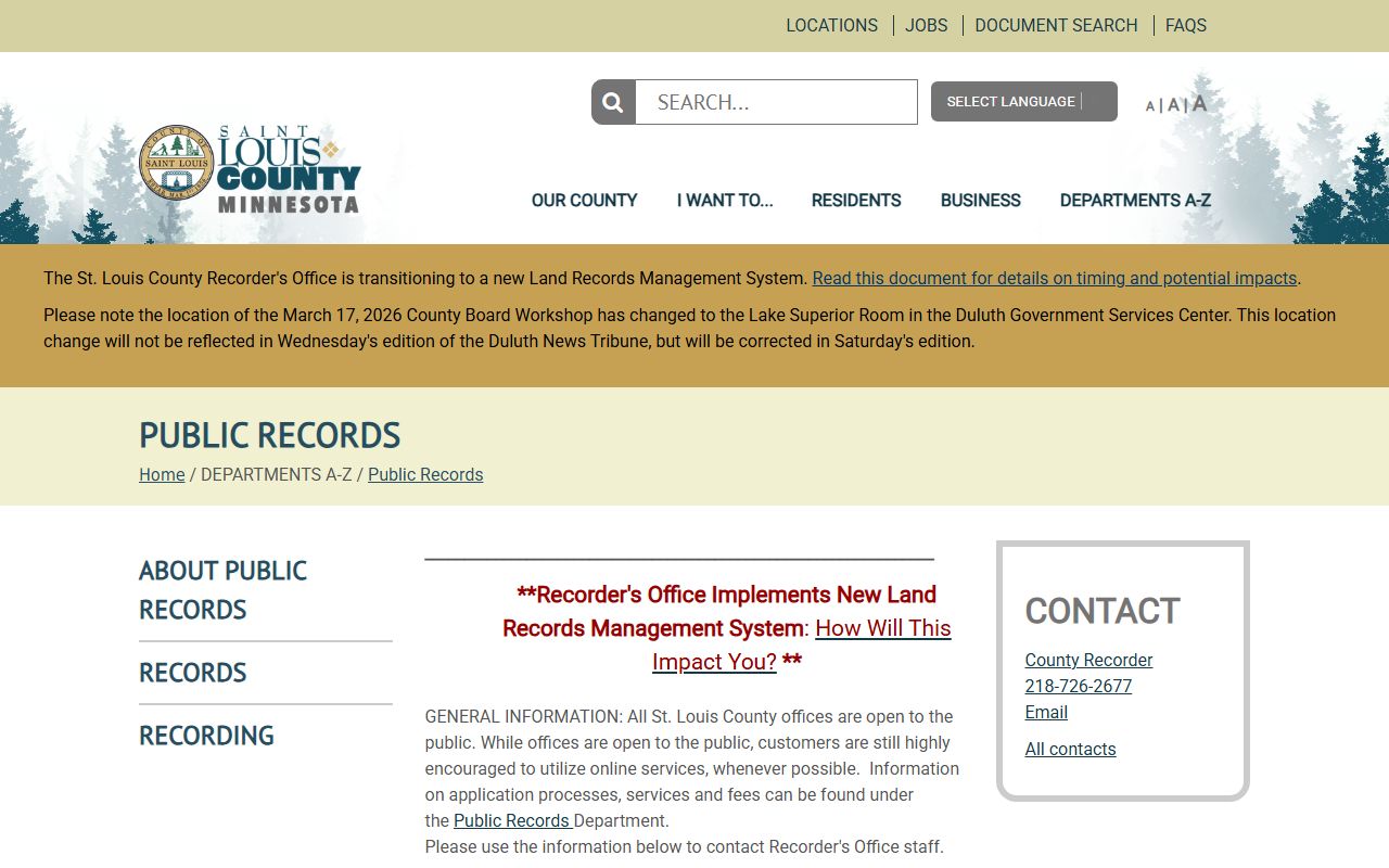 St. Louis County Public Records Department phone directory page