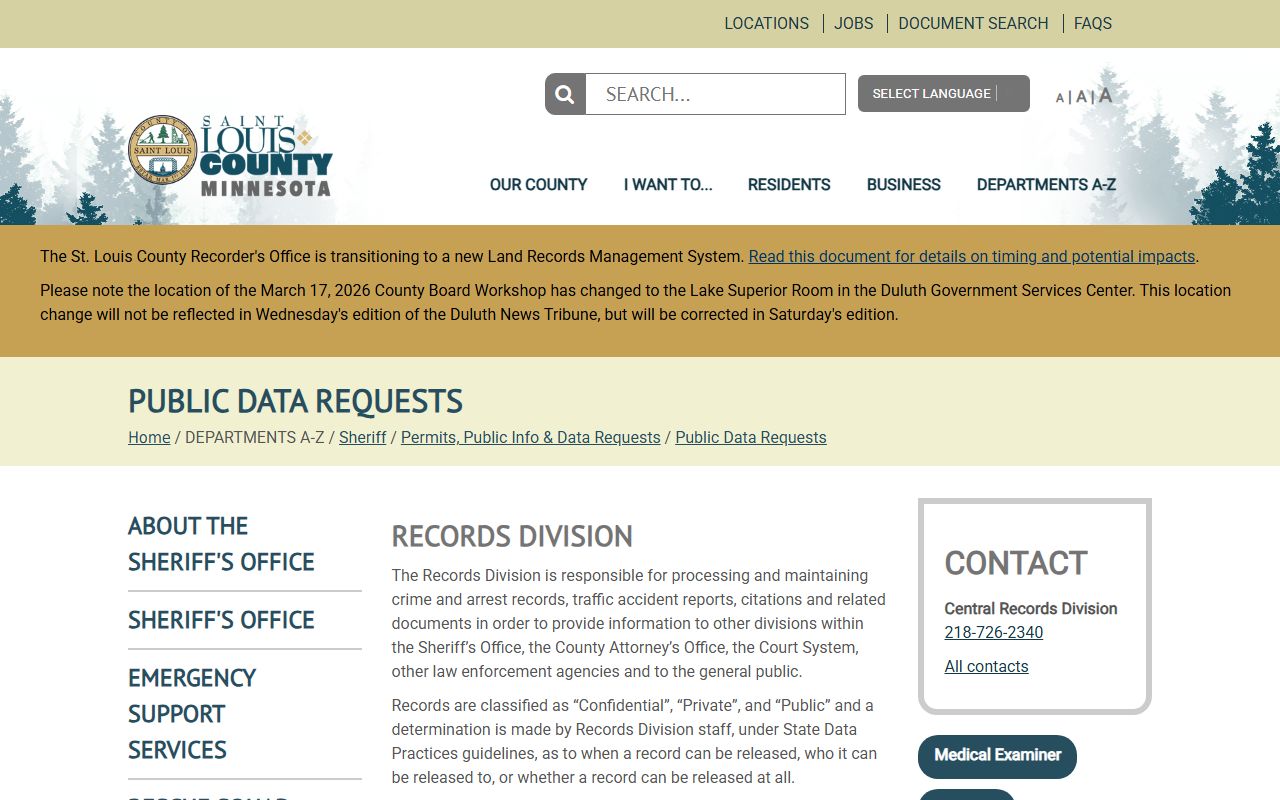 St. Louis County Sheriff public records phone directory page