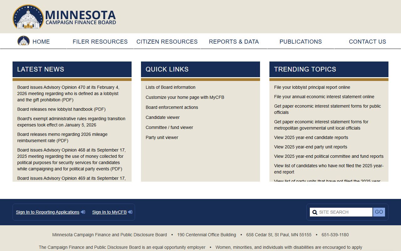 Minnesota phone directory Campaign Finance Board website